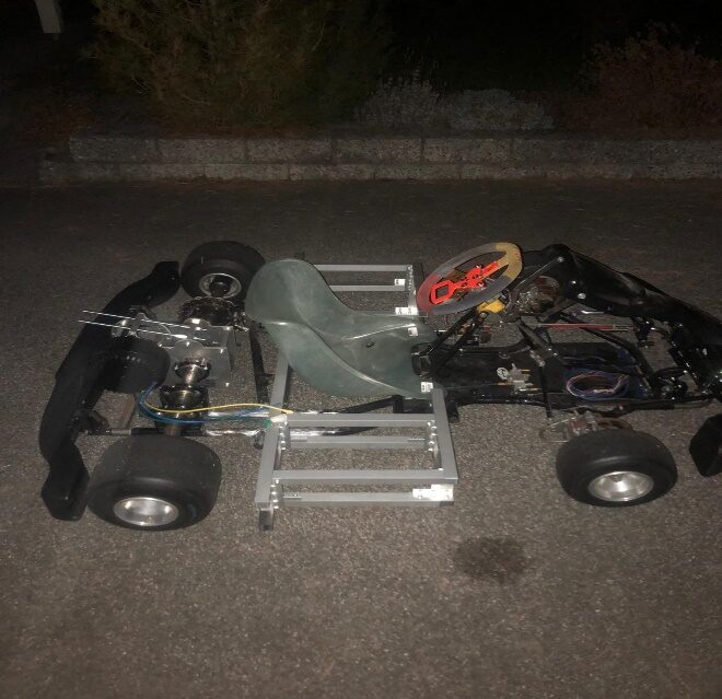 The kart mid-build with the aluminium battery frame, no bodywork