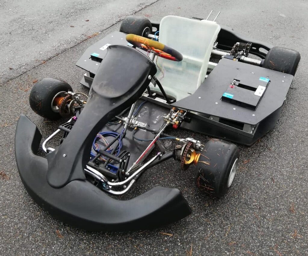 The finished electric go-kart on the tarmac